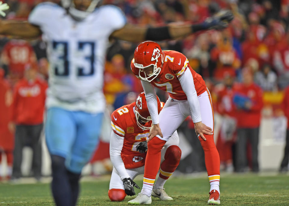Kicker Harrison Butker (7) contributed to a long Chiefs offseason.  (Photo by Peter G. Aiken/Getty Images)