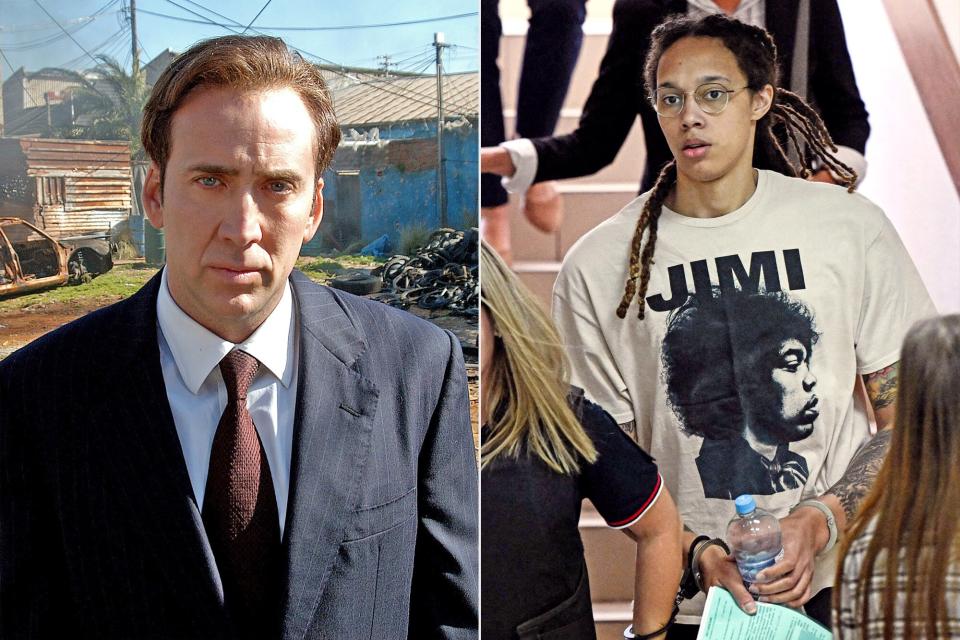 LORD OF WAR, Nicolas Cage, 2005, (c) Lions Gate/courtesy Everett collection; TOPSHOT - US WNBA basketball superstar Brittney Griner (C) arrives to a hearing at the Khimki Court, outside Moscow on July 1, 2022. - Griner, a two-time Olympic gold medallist and WNBA champion, was detained at Moscow airport in February on charges of carrying in her luggage vape cartridges with cannabis oil, which could carry a 10-year prison sentence. (Photo by Kirill KUDRYAVTSEV / AFP) (Photo by KIRILL KUDRYAVTSEV/AFP via Getty Images)