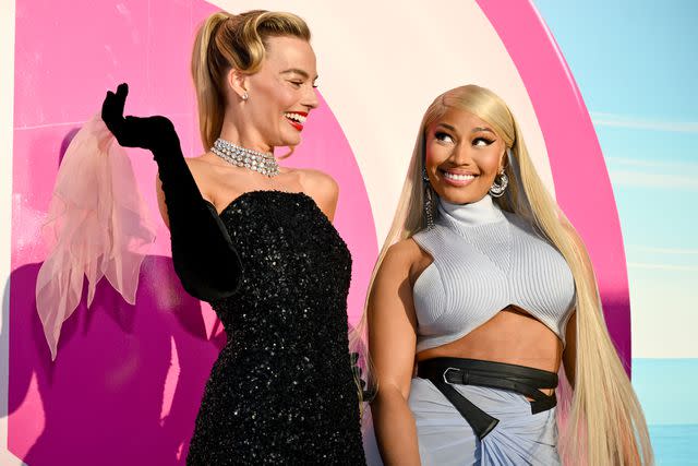 <p>Michael Buckner/Variety via Getty</p> Margot Robbie and Nicki Minaj at the Barbie premiere on July 9, 2023