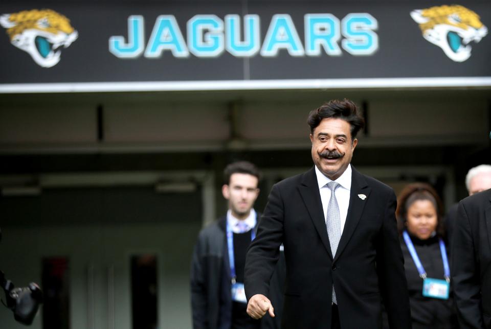 In this Oct. 28, 2018, file photo, Jacksonville Jaguars owner Shahid Khan arrives to watch the warm-up before an NFL football game against the Philadelphia Eagles at Wembley Stadium in London.