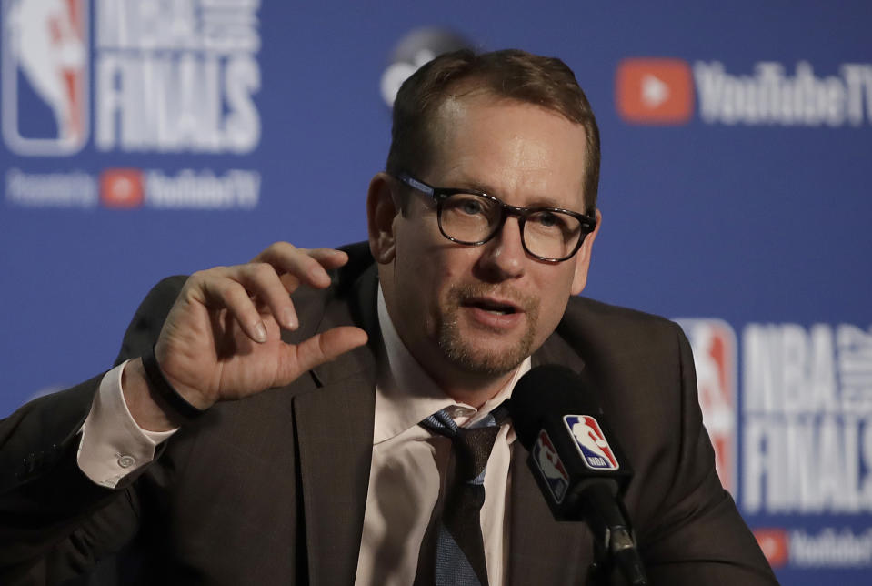 Toronto Raptors head coach Nick Nurse speaks at a news conference after Game 3 of basketball's NBA Finals between the Golden State Warriors and the Raptors in Oakland, Calif., Wednesday, June 5, 2019. (AP Photo/Ben Margot)