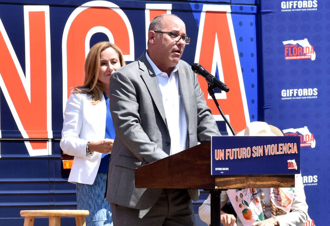 Fred Guttenberg speaks about how he lost his daughter Jamie in the 2018 Parkland school shooting at a Thursday, Sept. 8, 2022, press conference at Regatta Park, 3500 Pan American Drive.