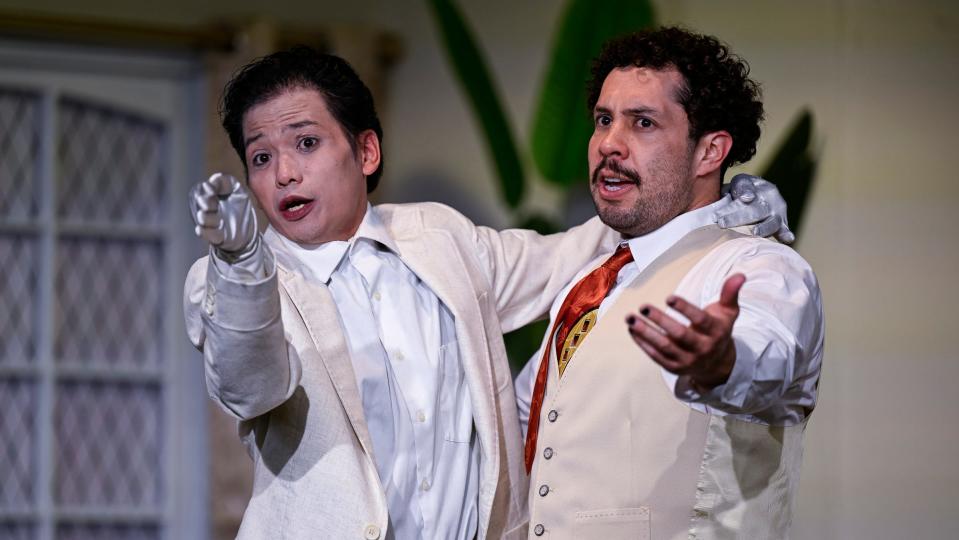 JJ Pestano, left, and Isaac Hernandez rehearse Monday, April 22, 2024 for Encore Theater's production of Lend Me a Tenor.