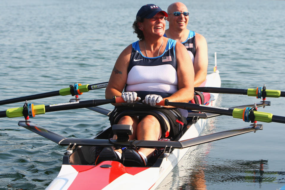 BEIJING - SEPTEMBER 11:  Scott Brown and Angela Madsen of USA celebrate after winning the Rowing Mixed Double Sculls - TA Final B at Shunyi Olympic Rowing-Canoeing Park during day five of the 2008 Paralympic Games on September 11, 2008 in Beijing, China.  (Photo by Feng Li/Getty Images)