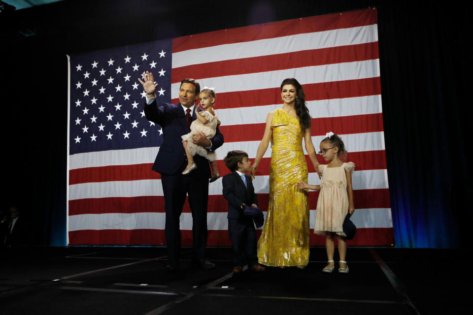 Florida Gov. Ron DeSantis, his wife Casey DeSantis and their children walk on stage to celebrate victory over Democratic gubernatorial candidate Rep. Charlie Crist during an election night watch party at the Tampa Convention Center on November 8, 2022 in Tampa, Florida. DeSantis was the projected winner by a double-digit lead.<span class="copyright">Octavio Jones—Getty Images</span>