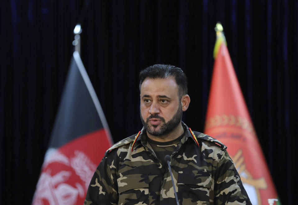 Gen. Ajmal Omar Shinwari, spokesperson for the Afghan armed forces speaks during a press conference in Kabul, Afghanistan, Sunday, Aug. 1, 2021. Shinwari said Sunday in a press conference that three provinces located in south and western parts of Afghanistan are under critical security situation. ​(AP Photo/Rahmat Gul)