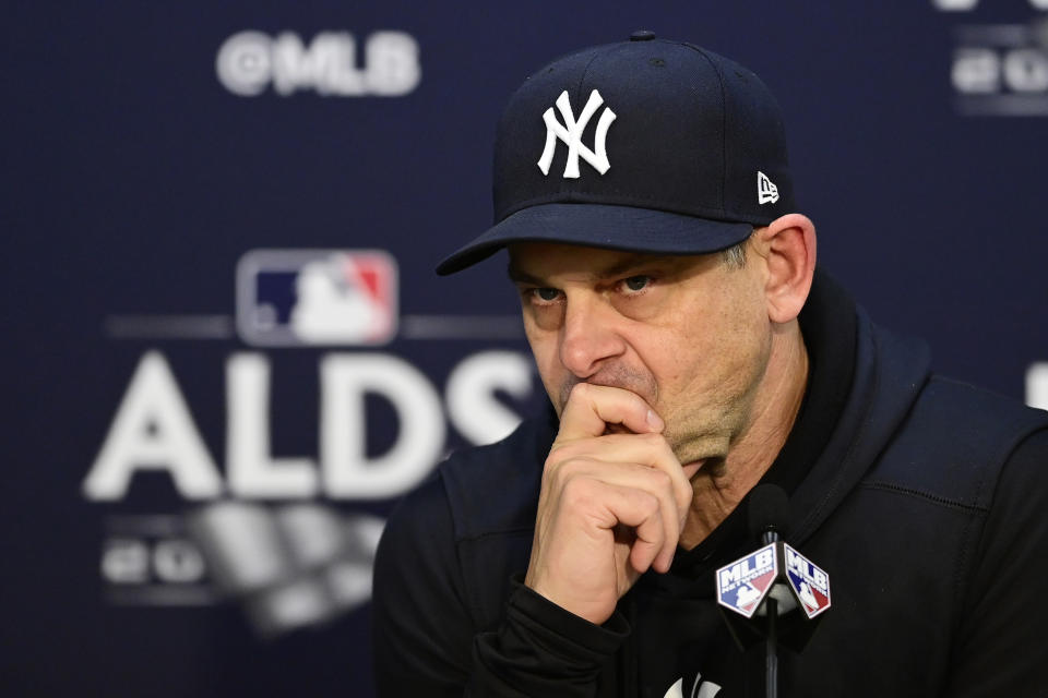 New York Yankees manager Aaron Boone is interviewed following Game 3 of the baseball team's AL Division Series against the Cleveland Guardians, Saturday, Oct. 15, 2022, in Cleveland. (AP Photo/David Dermer)