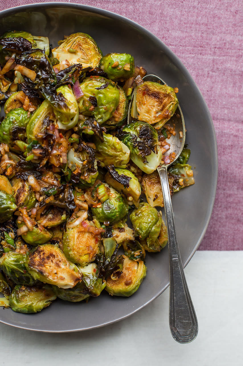 This April 2017 photo shows spicy Brussels sprouts. This dish is from a recipe by Katie Workman. (Sarah Crowder via AP)