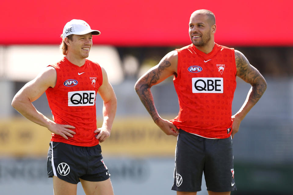 Callum Mills and Buddy Franklin, pictured here during a Sydney Swans training session at the SCG.