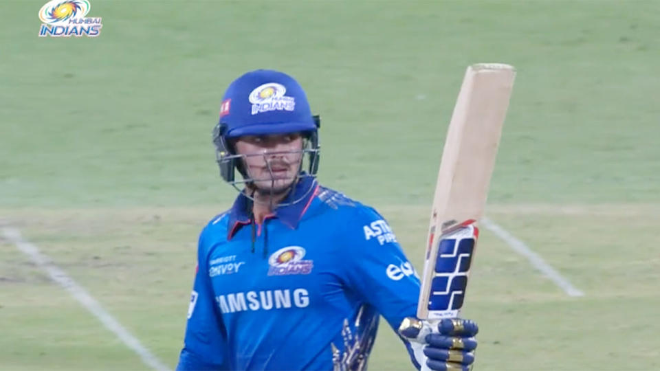 Pictured here, Quinton de Kock celebrates a half century for the Mumbai Indians.