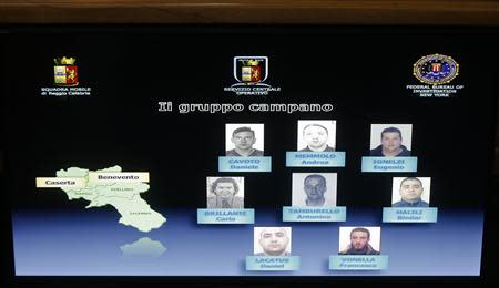 People arrested during a police operation are seen on a screen during a news conference with Italian and U.S. investigators in Rome February 11, 2014. REUTERS/Tony Gentile