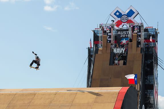 Taking to the skies at theSkateboard Big Air Practice during the X Games in Austin.