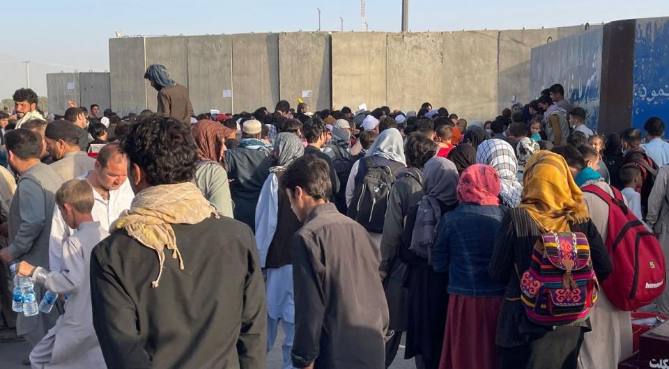 KABUL, AFGHANISTAN - AUGUST 25: People who want to flee the country continue to wait around Hamid Karzai International Airport in Kabul, Afghanistan on August 25, 2021. (Photo by Haroon Sabawoon/Anadolu Agency via Getty Images)