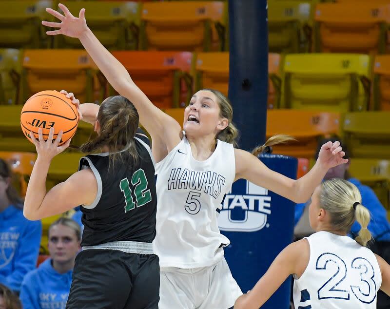 Green Canyon's Maren McKenna (12) shoots the ball as Ridgeline's Emilee Skinner (5) defends during a semifinal game in the Utah 4A girls basketball tournament on Thursday in Logan. | Eli Lucero, Herald Journal