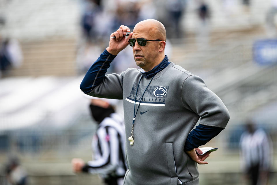 Apr 17, 2021; University Park, PA, USA; Penn State Nittany Lions head coach James Franklin looks on during the Penn State spring practice at Beaver Stadium. Mandatory Credit: Mark Alberti-USA TODAY Sports