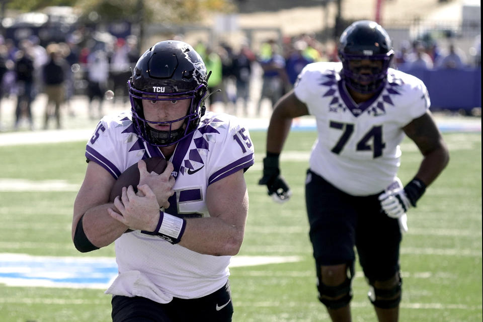 TCU quarterback Max Duggan has led TCU to a surprising 5-0 start to the season. (AP Photo/Charlie Riedel)