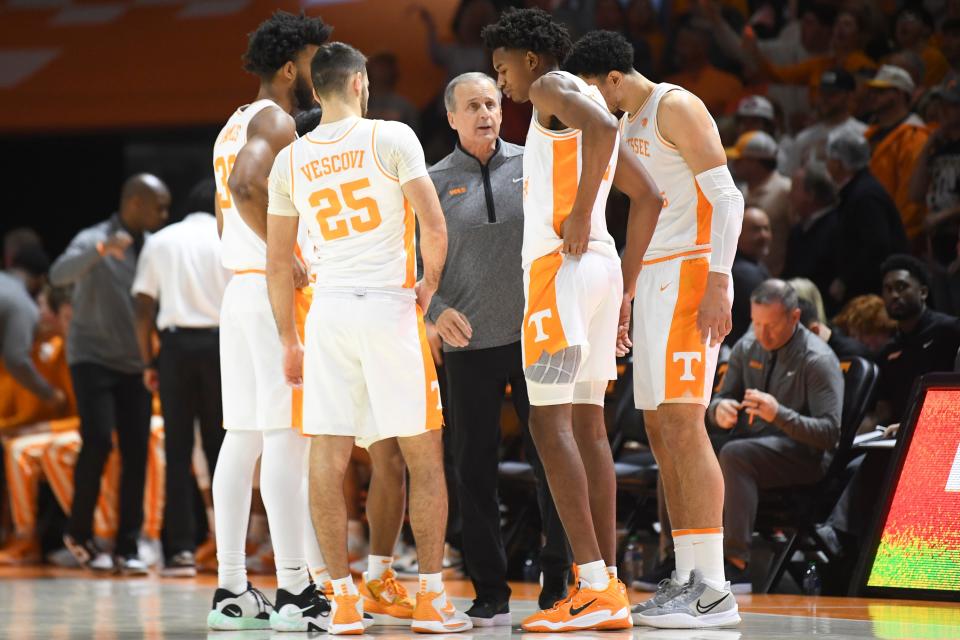 Tennessee Head Coach Rick Barnes talks with players before an NCAA college basketball game between the Auburn Tigers and the Tennessee Volunteers in Thompson-Boling Arena in Knoxville, Saturday Feb. 4, 2023. 