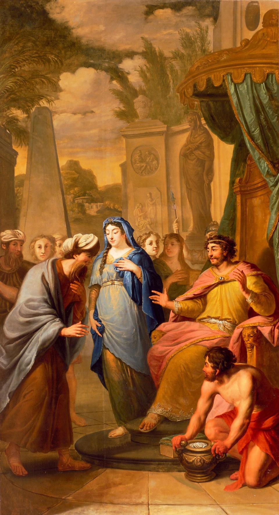 A painting by Elias Van Nijmegen of the Genesis scene featuring Abimelech returning Sarah to Abraham.