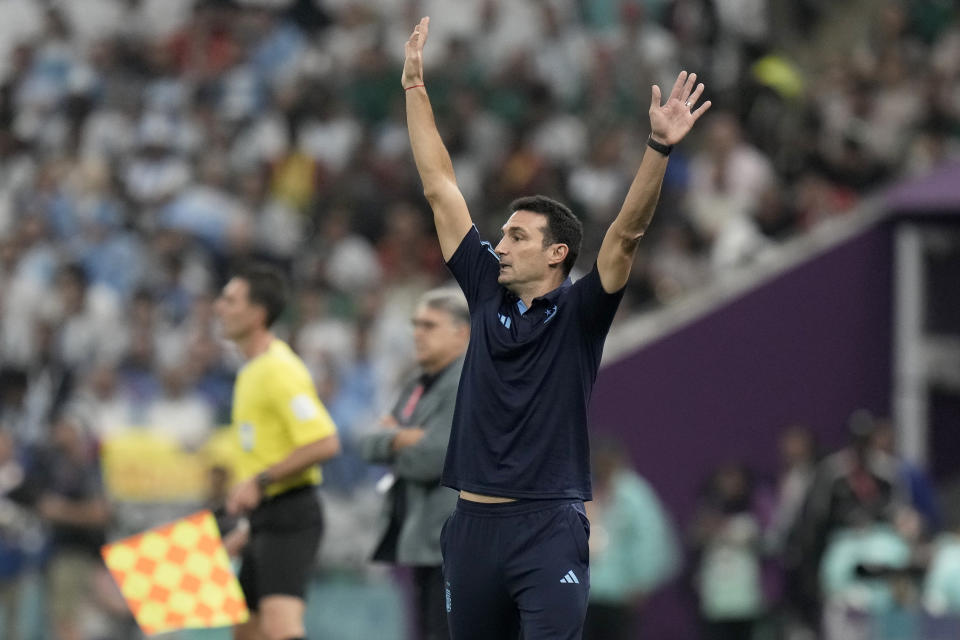 Argentina's head coach Lionel Scaloni gestures during the World Cup group C soccer match between Argentina and Mexico, at the Lusail Stadium in Lusail, Qatar, Saturday, Nov. 26, 2022. (AP Photo/Moises Castillo)