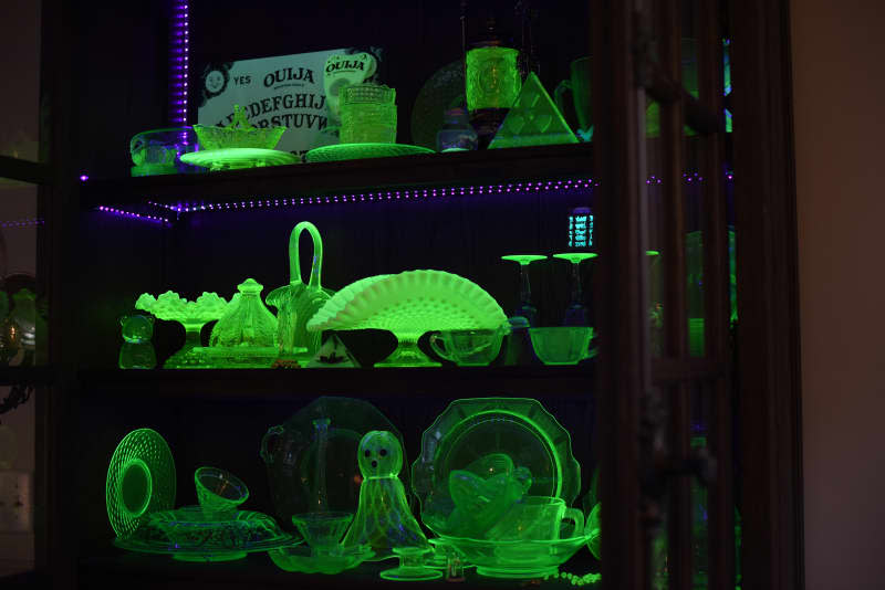 Glow in the dark decor in display case.