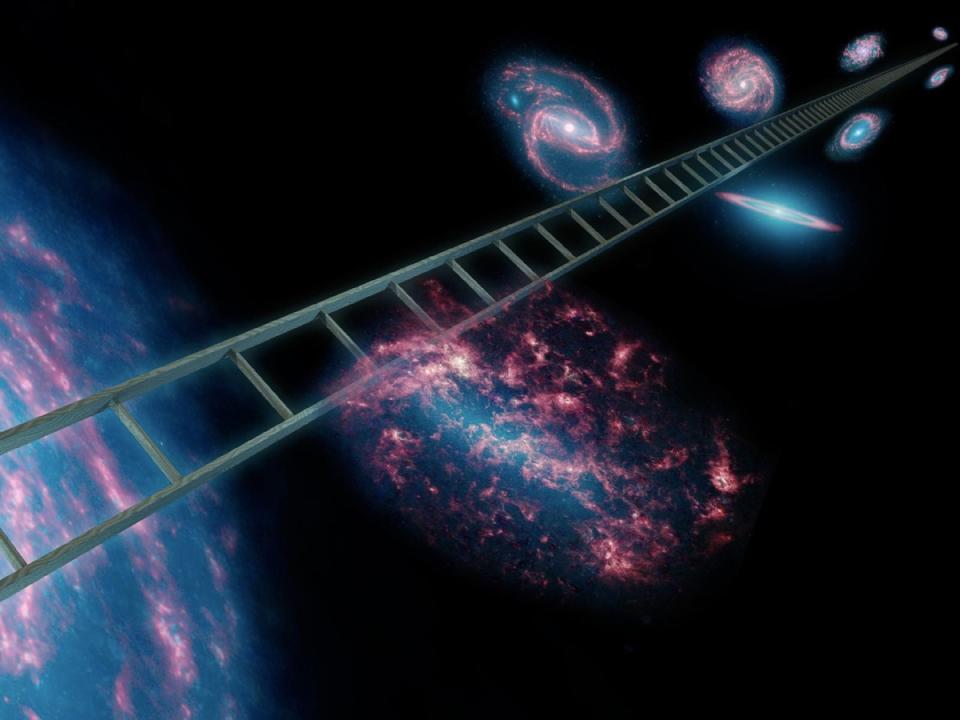 Scientists use a cosmic distance ladder to measure the expansion rate of the universe. The ladder, symbolically shown here, is a series of stars and other objects within galaxies that have known distances. By combining these distance measurements with the speeds at which objects are moving away from us, scientists can calculate that expansion rate.