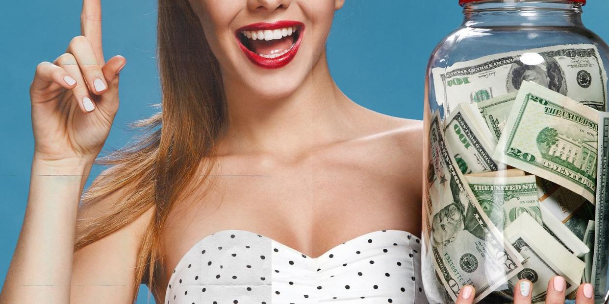 woman smiling and wearing red lipstick while holding a jar of money