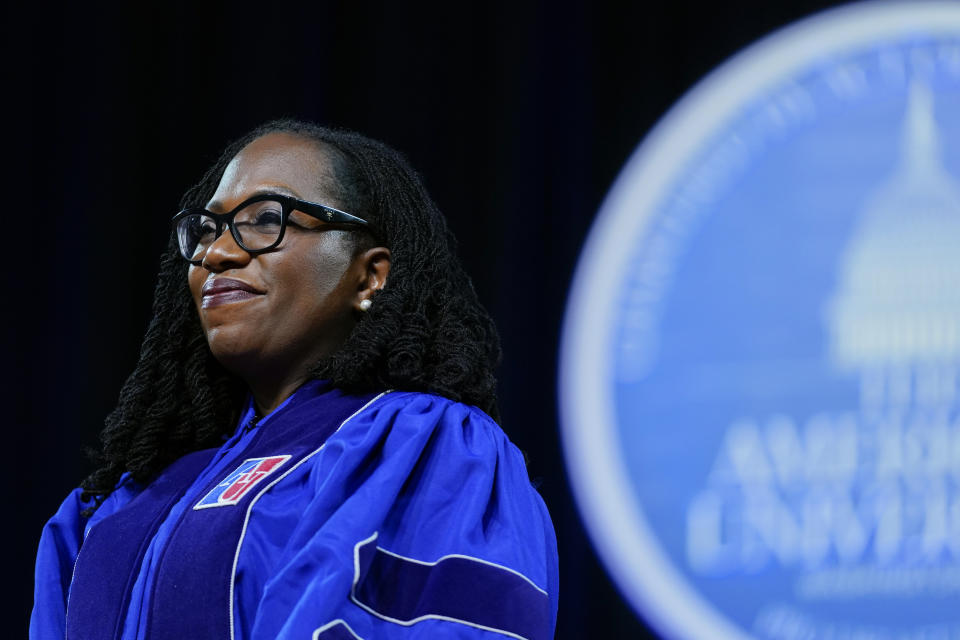 Supreme Court Associate Justice Ketanji Brown Jackson attends the commencement ceremony for American University's Washington College of Law, Saturday, May 20, 2023, in Washington. (AP Photo/Patrick Semansky)