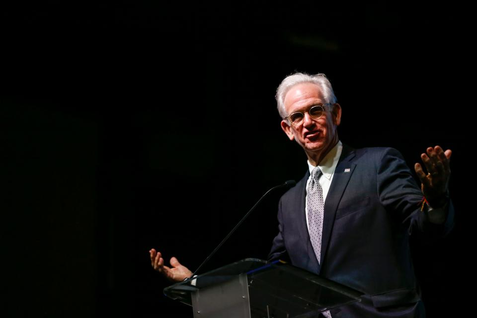 Former Missouri Gov. Jay Nixon, pictured at a dedication ceremony for Convoy Of Hope in 2021, has signed on as director of ballot integrity for the No Labels group that is considering putting together a third-party presidential ticket.