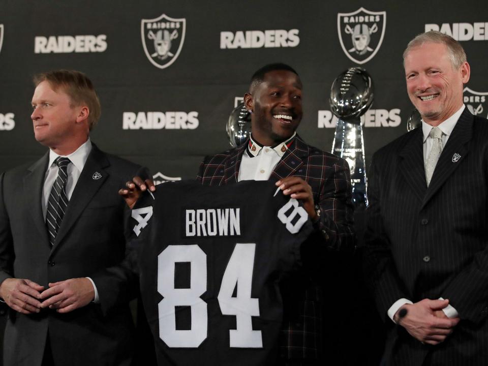 Antonio Brown is announced as a member of the Oakland Raiders alongside head coach Jon Gruden and general manager Mike Mayock.