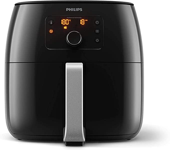 A black with silver trim Philips XXL Airfryer with Smart Sensing Technology on a white background.