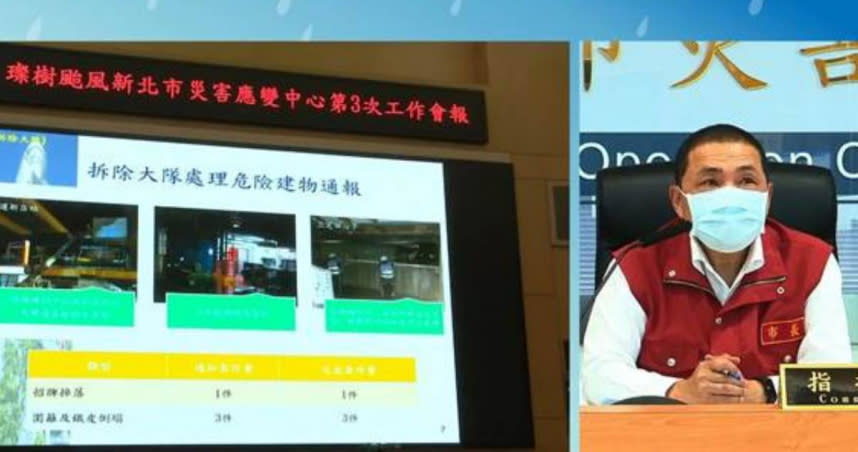 新北市長侯友宜今主持璨樹颱風第三次災防工作會報表示，預計璨樹今天下午到明天凌晨是風雨侵襲新北市最嚴峻的時刻。（圖／擷取自侯友宜臉書）