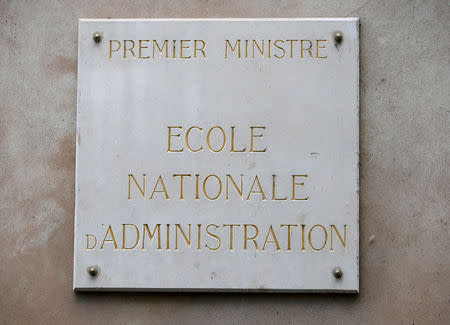 A signe that reads "Prime Minister, National School of Administration" is seen on France's National School of Administration, ENA, (Ecole Nationale d'Administration) building in Strasbourg, France April 24, 2019. REUTERS/Vincent Kessler