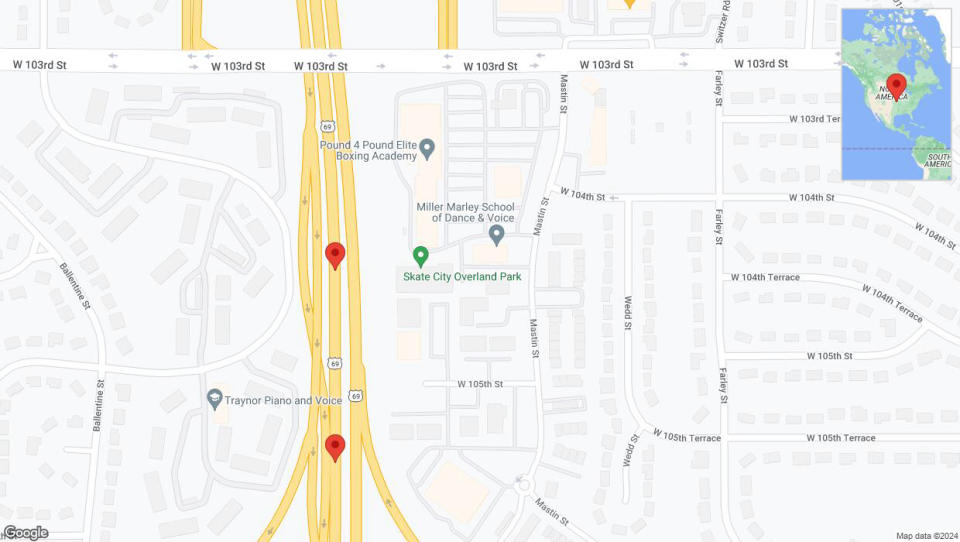 A detailed map that shows the affected road due to 'Lane on US-69 closed in Overland Park' on May 4th at 1:04 p.m.