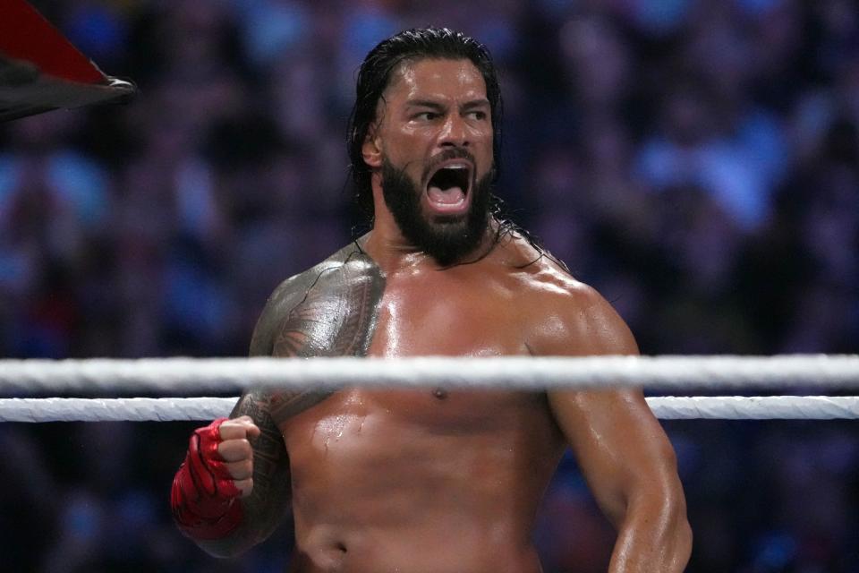 Roman Reigns during a last man standing match for the Undisputed Championship during SummerSlam at Nissan Stadium.