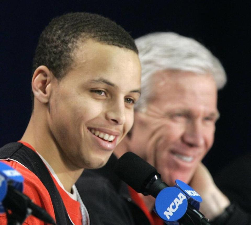 Stephen Curry (left) and Bob McKillop teamed up at Davidson College for three seasons. Curry is now a strong candidate for NBA MVP for the 2014-15 season.