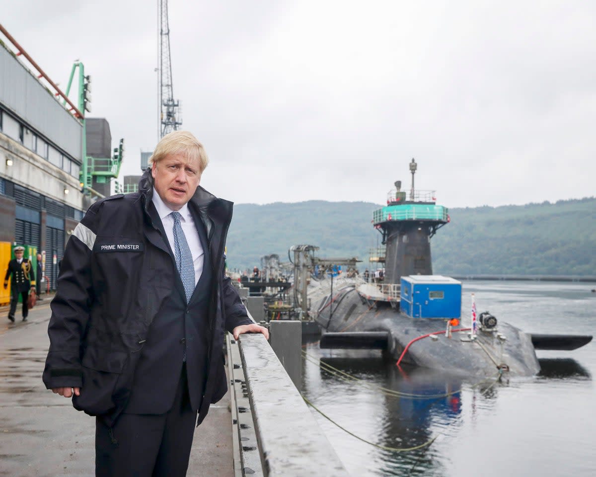 Boris Johnson wearing a jacket with the words Prime Minister as he visits HMS Victorious at HM Naval Base Clyde in Faslane, Scotland (Ben Shread/MoD, Crown Copyright/PA) (PA Archive)