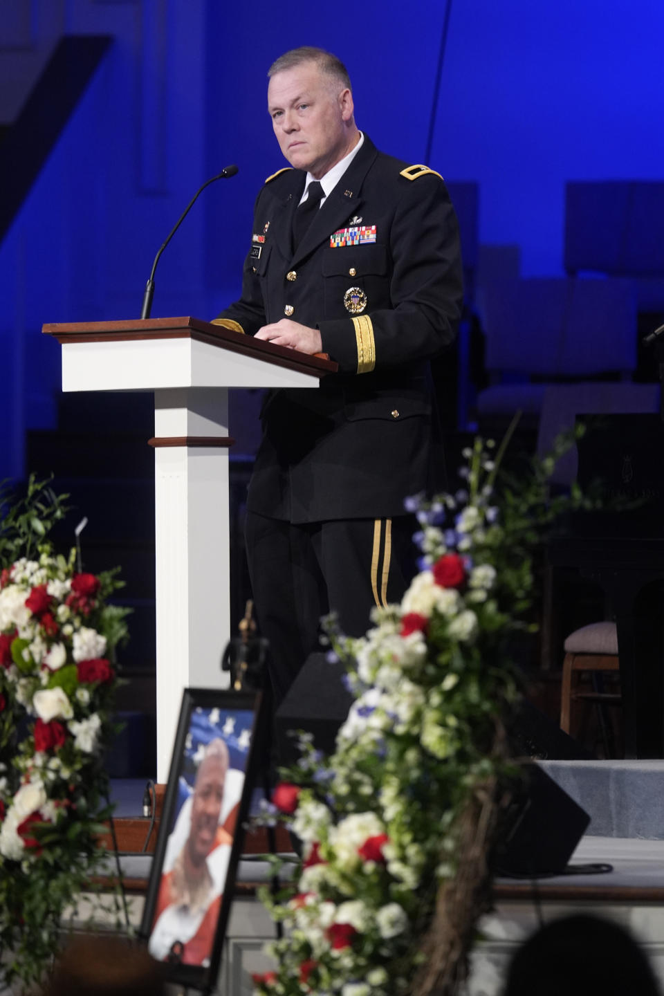 Brigadier Gen. Todd Lazaroski speaks during a funeral service for Army Reserve soldier Staff Sgt. William Jerome Rivers Tuesday, Feb. 13, 2024, in Carrollton, Ga. Rivers was one of three Georgia soldiers killed last month in drone attack in Jordan. (AP Photo/John Bazemore)
