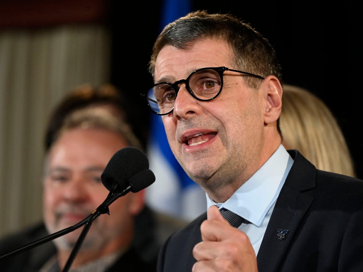 Quebec Conservative Leader Éric Duhaime speaks following the night’s results at the Conservative election night headquarters in Lac-Delage, Que., Monday, Oct. 3, 2022.  (Bernard Brault/The Canadian Press - image credit)