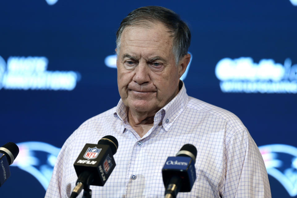 New England Patriots head coach Bill Belichick faces reporters following the team's loss to the Washington Commanders in an NFL football game, Sunday, Nov. 5, 2023, in Foxborough, Mass. (AP Photo/Michael Dwyer)