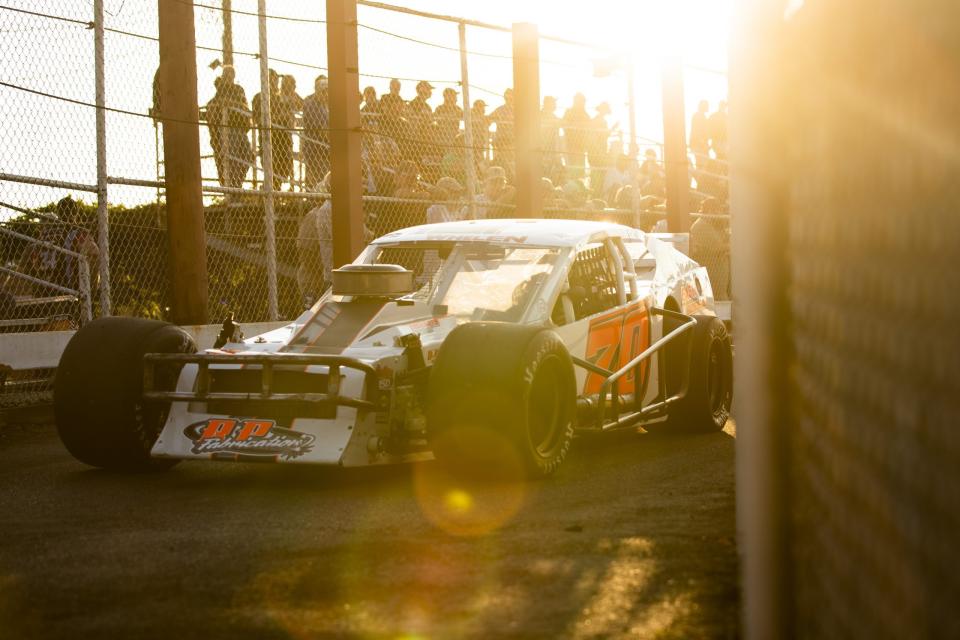 Dylan Slepian, driver of the #70 Eastport Feeds Chevrolet, during qualifying for the Miller Lite 200 for the Whelen Modified Tour at Riverhead Raceway on September 18, 2021 in Riverhead, New York. (Adam Glanzman/NASCAR)