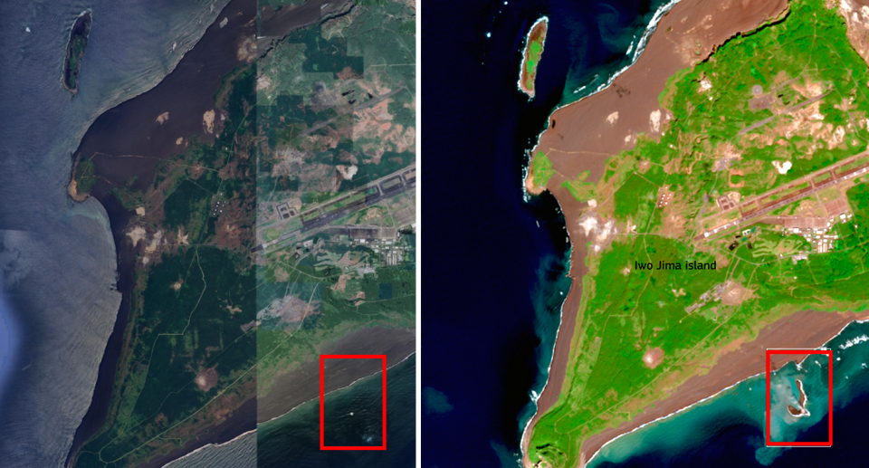 Iwo Jima prior to the island's formation (left) and the newly formed island on November 28.