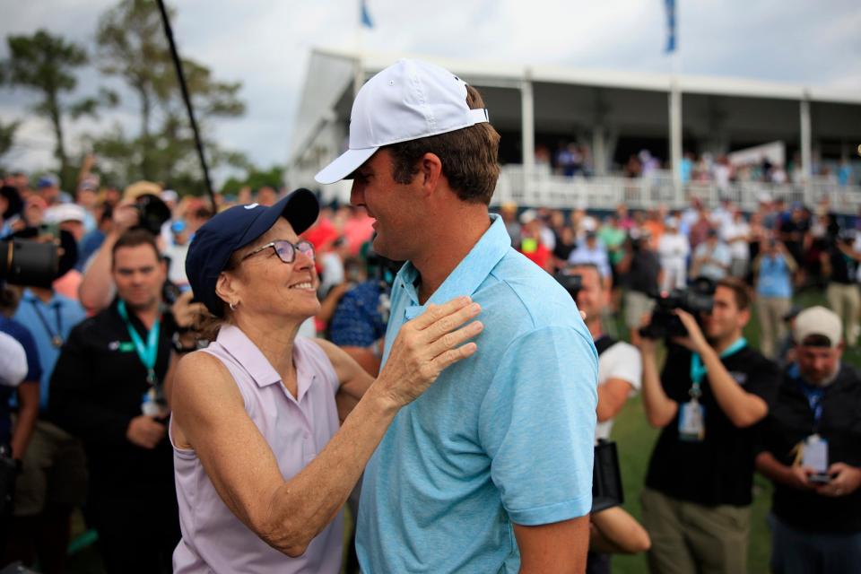 Scottie Scheffler hugs his mother, Diane Scheffler, during the fourth round of The Players Championship two weeks ago. He won the tournament by five strokes over runner-up Tyrrell Hatton.