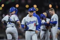 Los Angeles Dodgers pitcher Yoshinobu Yamamoto (18) exits during the sixth inning of a baseball game against the San Francisco Giants, Monday, May 13, 2024, in San Francisco. (AP Photo/Godofredo A. Vásquez)