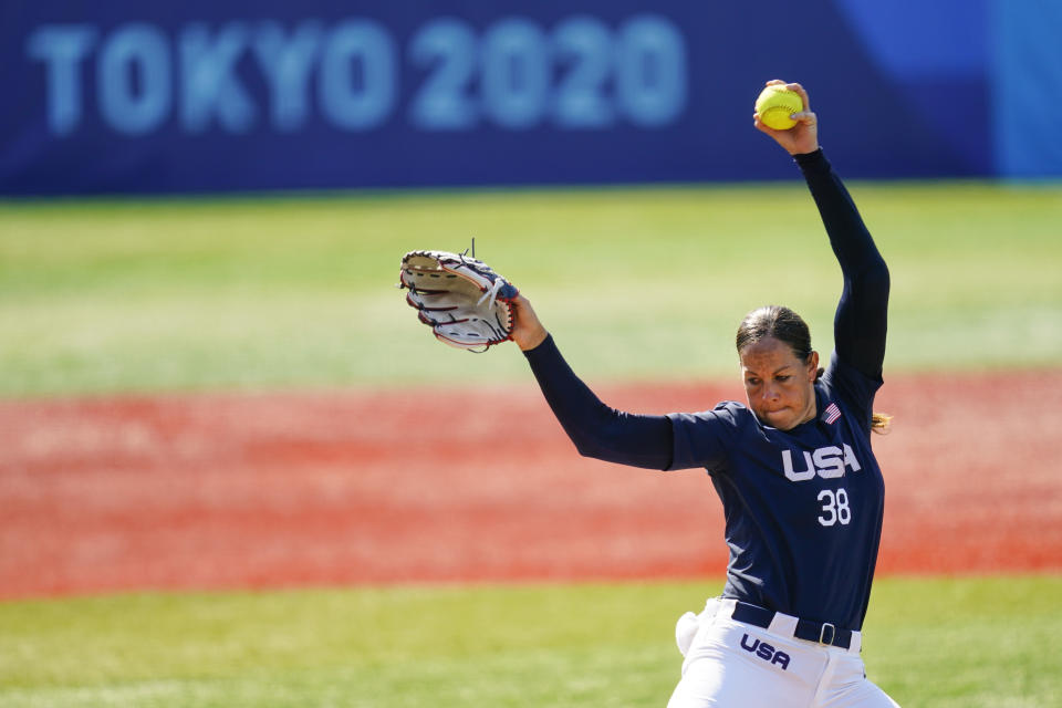 United States' Cat Osterman pitches during a softball game against Mexico at the 2020 Summer Olympics, Saturday, July 24, 2021, in Yokohama, Japan. (AP Photo/Matt Slocum)