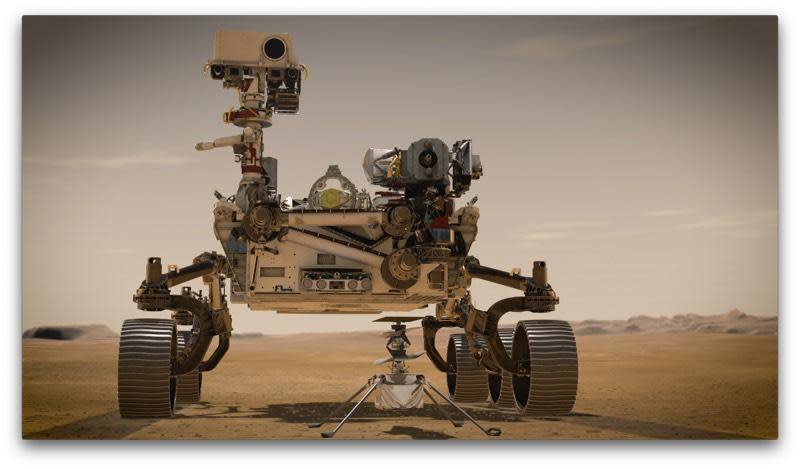 An artist's impression showing the relative sizes of the Perseverance Mars rover and the Ingenuity helicopter it carried to the red planet. / Credit: NASA/JPL-Caltech