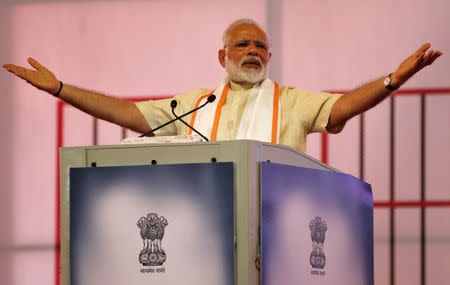 India's Prime Minister Narendra Modi addresses a gathering during his visit to Gandhi Ashram in Ahmedabad, India, June 29, 2017. REUTERS/Amit Dave