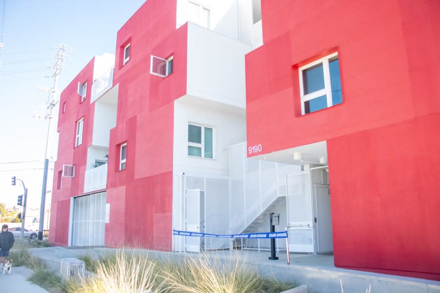 Sun King Apartments in Sun Valley are shown in this photo provided by the Los Angeles Unified School District. The apartment complex for chronically homeless families held its grand opening on March 25, 2024