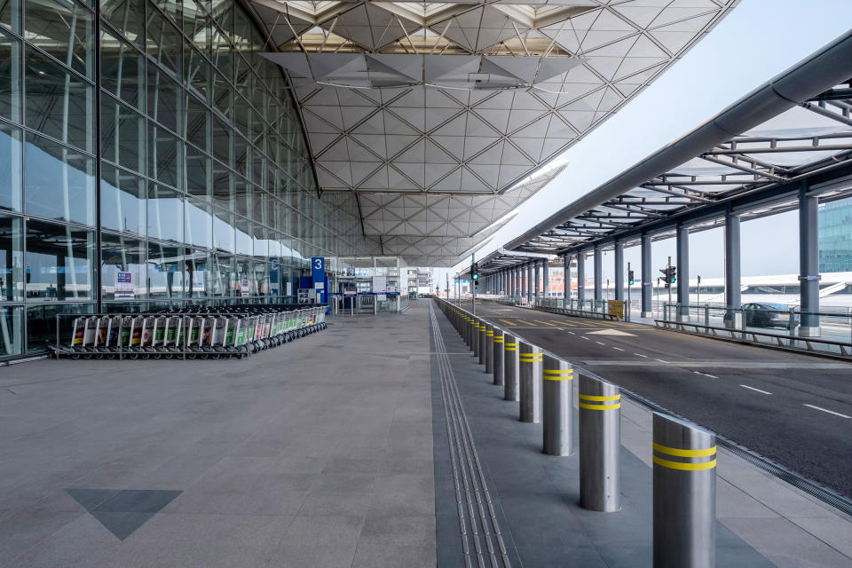 Luggage carts outside Hong Kong International Airport on Jan. 26, 2021.<span class="copyright">Paul Yeung—Bloomberg/Getty Images</span>