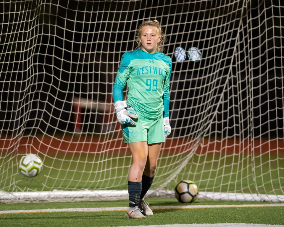 Westwood goalkeeper Atlee Olofson, shown during a 2021 match, is a four-year starter in the net. The Notre Dame-bound senior shut out Lake Travis 1-0 in Friday night's bi-district matchup, recording three saves in the final nine minutes. "Today was all about a single match, and we really met the challenge,” she said.