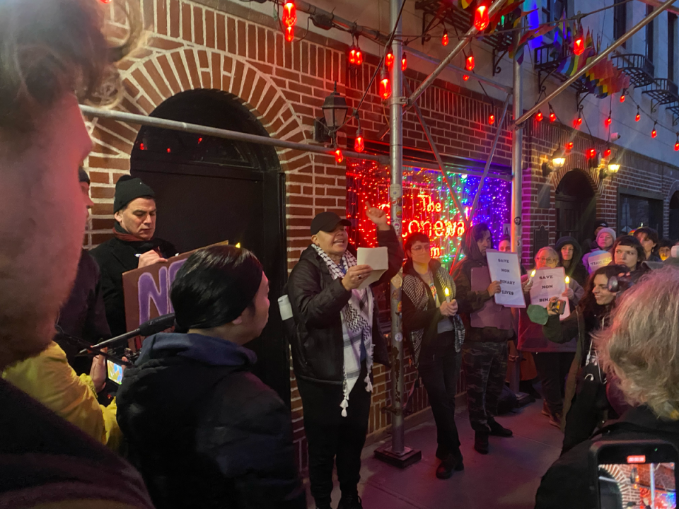 Nonbinary actor Sara Ramirez speaks at a candlelight vigil at the Stonewall Inn in the West Village on Monday to remember nonbinary Oklahoma teenager Nex Benedict (Bevan Hurley / The Independent)
